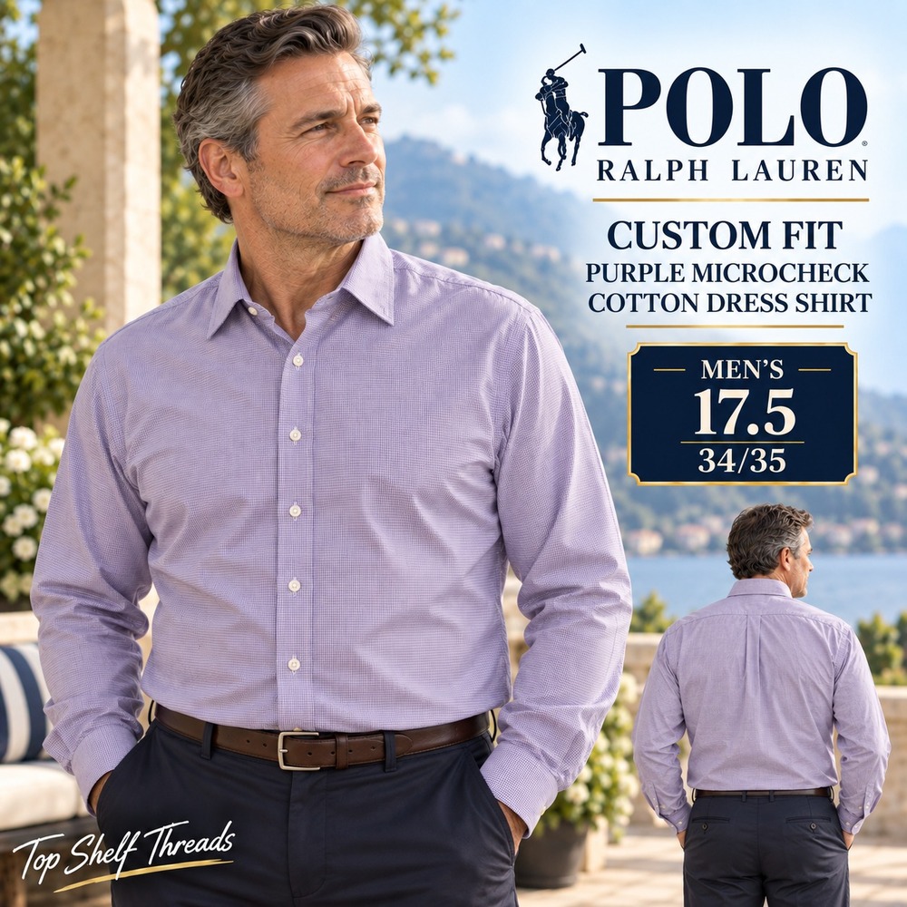 Polo Ralph Lauren Men 17.5 34/35 Purple Microcheck Custom Fit Cotton Dress Shirt